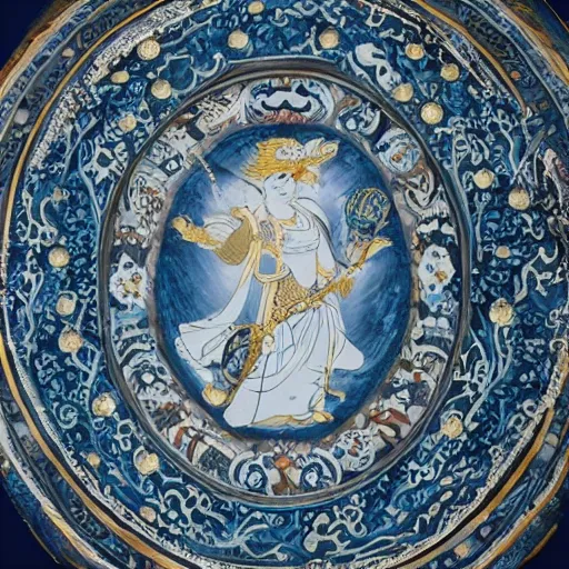 Prompt: Ancient warrior holding Clear white textured shield with artistically executed decorations of peonies, foliated scrolls, dragons and medallions in white reserve on an opaque mazarine blue ground. Capped with metal