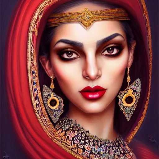 Image similar to Beautiful portrait of a Persian Princess who is an architect, beautiful princess, face painting, architecture, persian style architecture, beautiful body, attractive, babe, dramatic lighting, intricate, wild, highly detailed, digital painting, artstation, concept art, smooth, sharp focus, illustration, black+velvet+red+Turquoise, dark, art by artgerm and greg rutkowski and alphonse mucha, footage from space camera