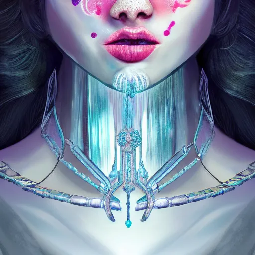 Prompt: ice face fractal jewellery portrait of a woman, inspired by mandy jurgens, fractal crown, light make up, 4 k, high detailed, illustration