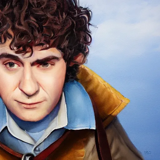 Prompt: close up headshot of a frowning clean shaven pudgy British lad with short curly dark brown hair as a hobbit wearing a white men's crossbody sling chest bag and blue vest, blue vest!! white crossbody chestbag!! high resolution film still, painting by Charlie Bowater