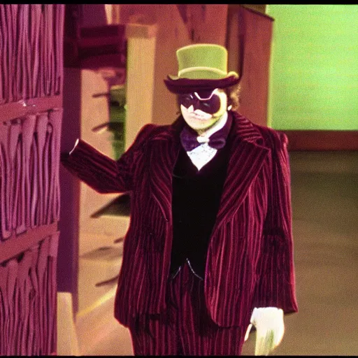 Prompt: security cam footage still of Willy Wonka in his Chocolate Factory