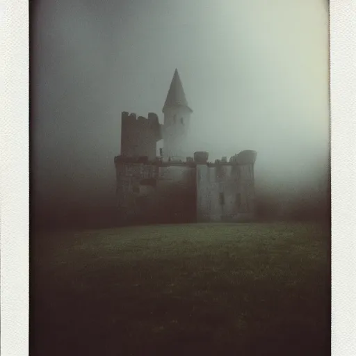 Image similar to you are lost in an old abandoned castle, hard to breathe, polaroid, laminal space, foggy