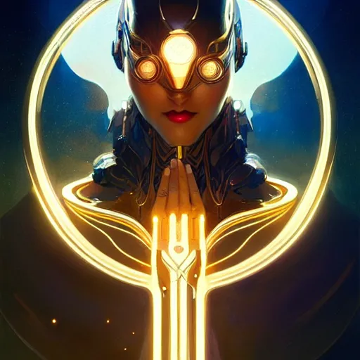 Image similar to superhero, sci fi, glowing eyes, volumetric lights, gold theme, art nouveau botanicals, intricate, highly detailed, digital painting, artstation, concept art, smooth, sharp focus, cinematic, illustration, beautiful face, art by artgerm and greg rutkowski and alphonse mucha