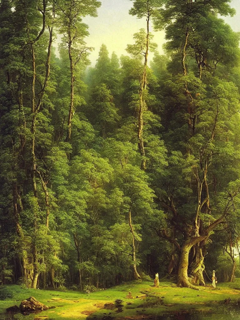 Prompt: Beautiful treehouse in a ((lush green forest)) by ivan shishkin and aivazovsky, oil on canvas, highly detailed, masterpiece