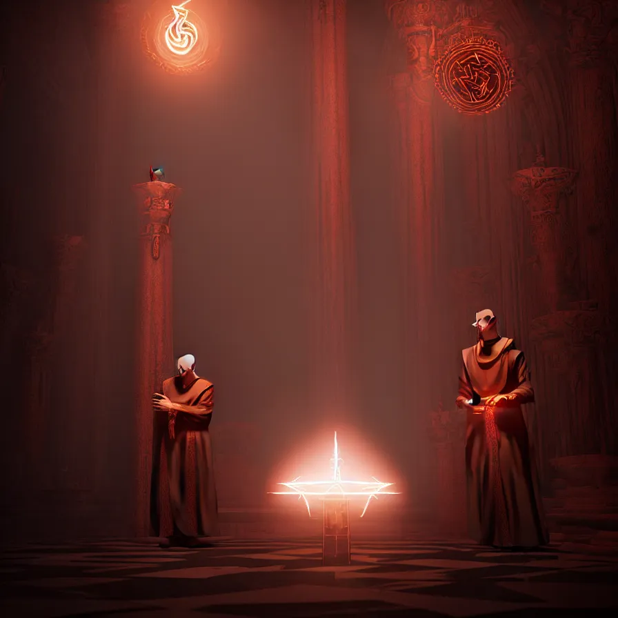 Image similar to an occult priest performs demonic ritual with magic and a glowing sigil in a fantastic temple, volumetric lighting, magical lighting, raytracing, dynamic lights and shadows, photorealistic render, digital art, wallpaper, octane, redshift, hyperdetailed, intricate details