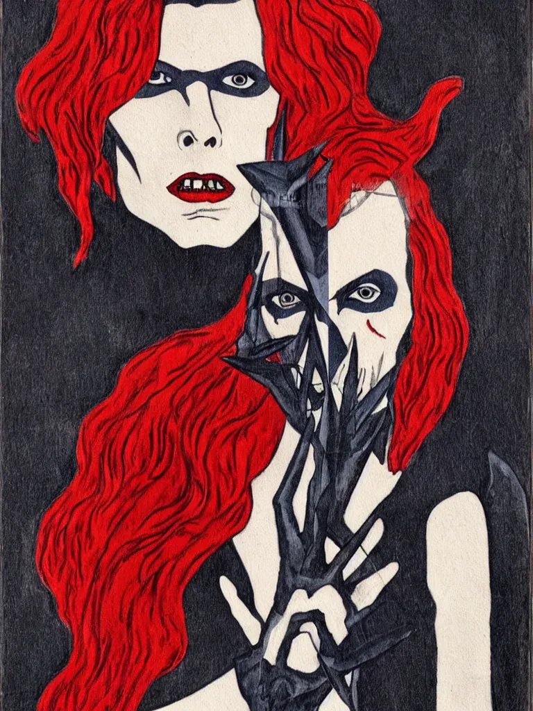 Image similar to art nouveau, David Bowie, one single figure, tarot card, vampire, sharp teeth, leather jacket, jeans, long red hair, full body