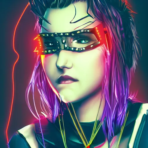 Image similar to an adult cyberpunk woman wearing large spiked punk collar, choker, steel choker, portrait, 4K, digital art, deviantart, artstation, neon, buildings in background,