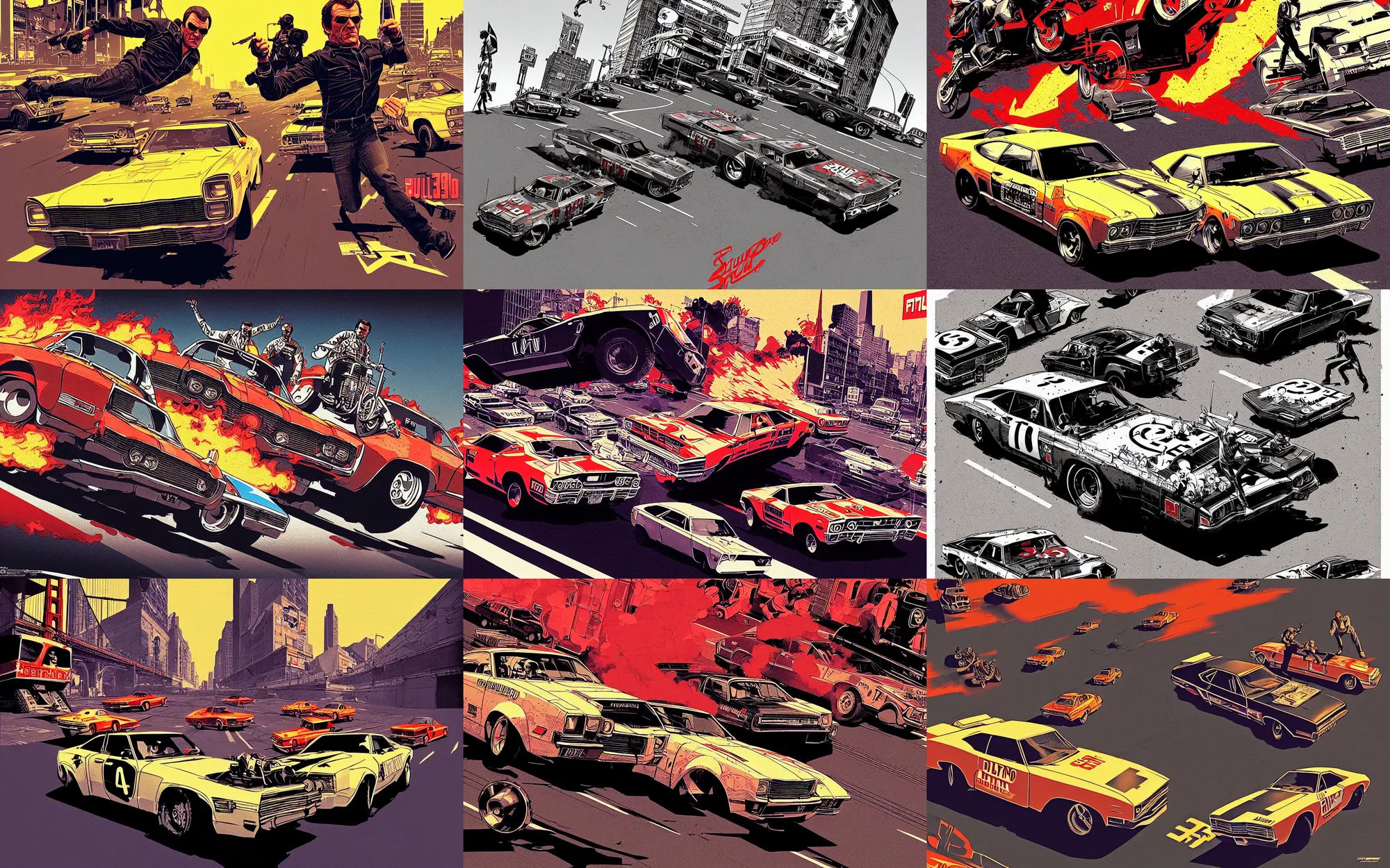 Prompt: a stunt driver racing steve mc queen as bullit through san francisco in 1 9 7 0, 3 point perspective, quentin tarantino action shot, gta 3 illustration by james jean, tyler stout, greg rutkowski, rust and dust and fire and dirt, very asphalt