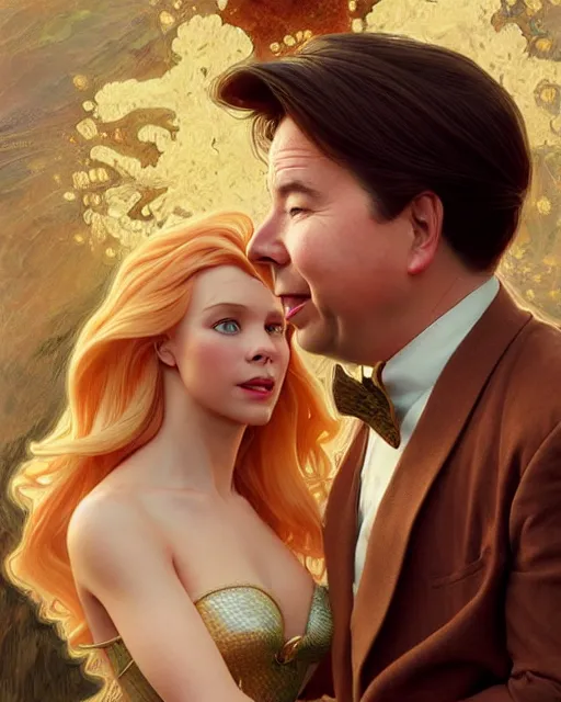 Image similar to Portrait of a  blonde lady and Michael mcintyre as characters in the Little Mermaid,real life skin, intricate, elegant, highly detailed, artstation, concept art, smooth, sharp focus, art by artgerm and greg rutkowski and alphonse mucha