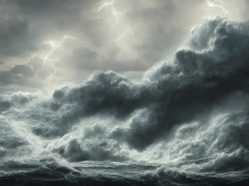 Image similar to a dark storm closes in over the ocean with waves of water crashing down, lightning and rain, digital painting, fantasy, art by alexandre mahboubi and christophe oliver