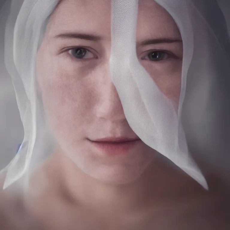 Prompt: hight focus of a wonderful realistic focused symmetrical wonderful mid portrait of a realistic lonely woman with a semi transparent white veils wrapped around her face, dramatic light, octane render - 8 k