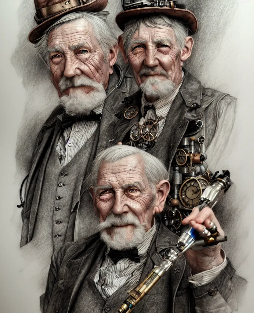 Image similar to hyper realistic full figure pencil drawing of an older man steampunk, water color, detailed, rim light, diffused, intricate, by anna dittmann,