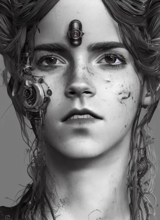 Image similar to steampunk portrait of emma watson, au naturel, hyper detailed, digital art, trending in artstation, cinematic lighting, studio quality, smooth render, unreal engine 5 rendered, octane rendered, art style by klimt and nixeu and ian sprigger and wlop and krenz cushart.