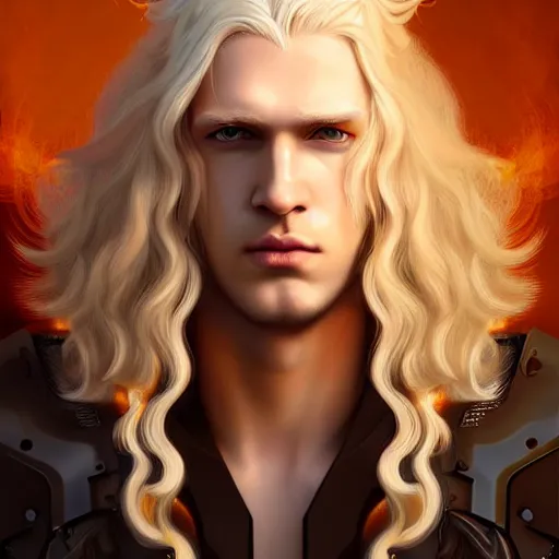 Image similar to digital art of a pale menacing male Cyborg Angel of Battle with fluffy blond curls of hair and piercing eyes, central composition, blond fringe over forehead, Center parted fringe, Center parted bangs, he commands the fiery power of resonance and wrath, very very long blond curly hair, baroque curls, by WLOP, Artstation, CGsociety