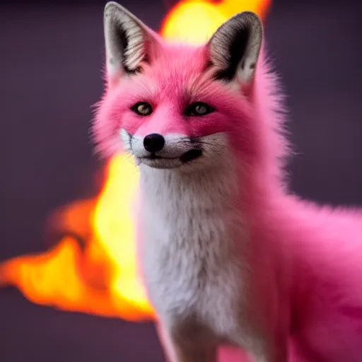 Image similar to pink fox, fire background, 8 k, 8 5 mm f 1. 8