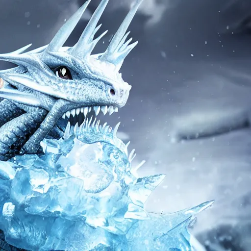 Image similar to a dragon shooting ice out of its breathe, cinematic shot, 8 k, digital art, hd, exquisite detail, horror