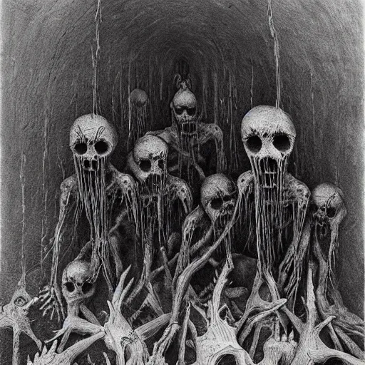 Prompt: merge skeletons in the hundeds reaching out the borken portal to hell, artwork by beksinski gammell mcfarlane giger realsistic horror, wispy prismatic ink horrors