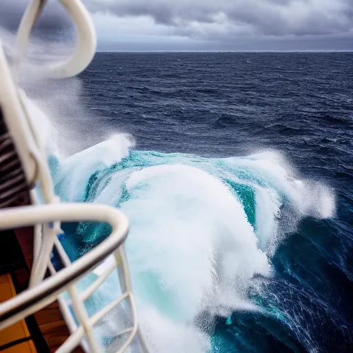 Image similar to a giant wave about to crash on a cruise ship, wave, giant, rough seas, weather, cruise, ship, hurricane, canon eos r 3, f / 1. 4, iso 2 0 0, 1 / 1 6 0 s, 8 k, raw, unedited, symmetrical balance, wide angle