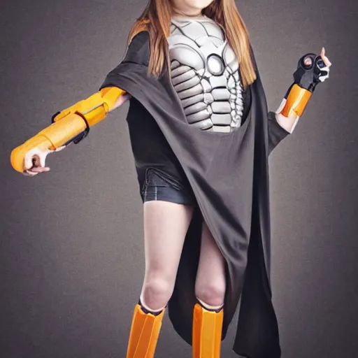 Image similar to cyborg girl wearing a cloak and a prosthetic arm