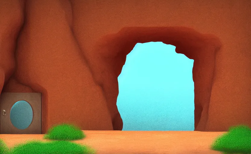 Image similar to a cell - shaded studio ghibli concept art study of a square dimensional portal doorway in monument valley. water is flowing out of the portal. very dull colors, hd, 4 k, hq