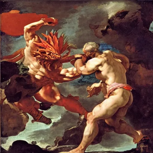 Prompt: High detailed painting of a bearded Hercules fighting a giant red crab, by Giambattista Tiepolo, 1736