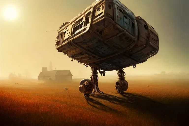 Image similar to a walking mechanical house on mechanical legs, rust, hyperrealistic, highly detailed, cinematic, single ray of sun, fog, beautiful, cgssociety, artstation, 8 k, oil painting