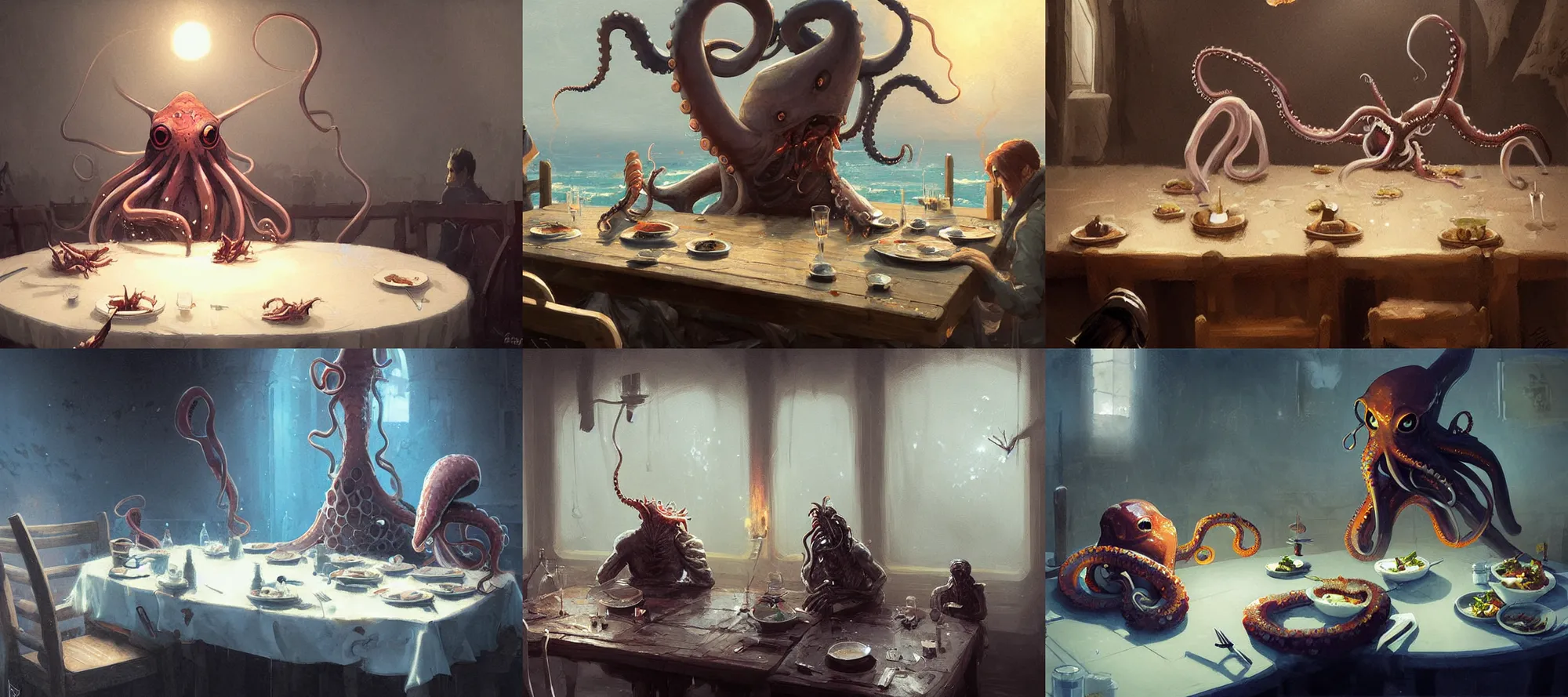 Prompt: tentacruel eating dinner at a table happiness is temporary by greg rutkowski