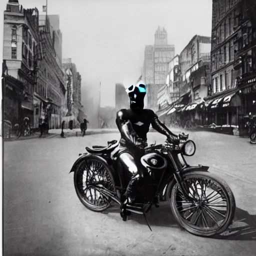 Image similar to old black and white photo, 1 9 1 3, depicting batman on a motorcycle from dark knight racing through the bustling streets of new york city, rule of thirds, three - point perspective, historical record