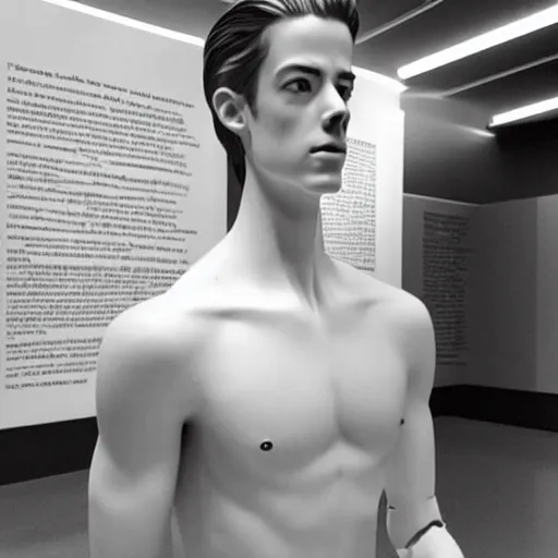 Image similar to “a realistic detailed photo of a guy who is an attractive humanoid who is half robot and half humanoid, who is a male android, actor Grant Gustin, shiny skin, posing like a statue, blank stare, at the museum, on display”