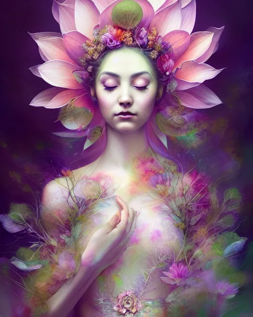 Prompt: Full View realistic Portrait ethereal lotus flower dryad wearing beautiful dress, deity of lotus flowers beautiful dress, meditation, 4k digital masterpiece by Anna Dittman and Alberto Seveso Ruan Jia, rossdraws, fantasycore, Hyperdetailed, realistic oil on linen, soft lighting, Iconography background, featured on Artstation