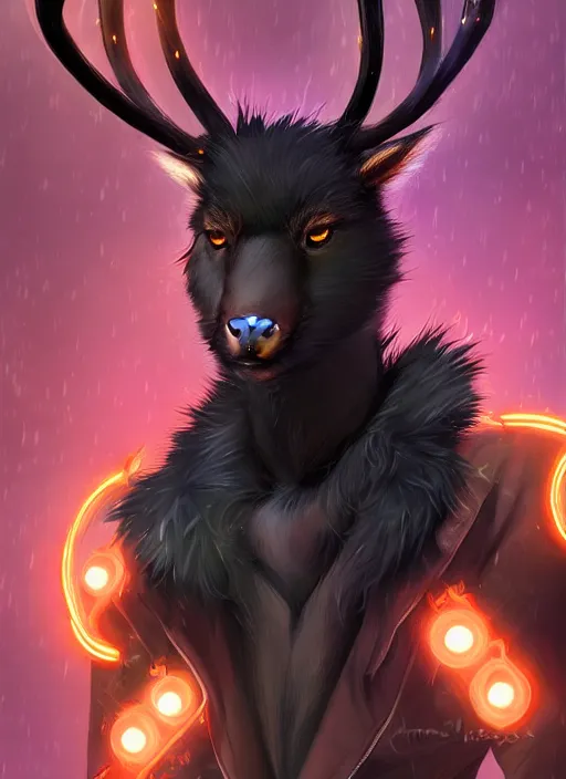 Image similar to award winning beautiful portrait commission of a male furry anthro Black Reindeer fursona with a tail, wings and a cute beautiful attractive detailed furry face wearing stylish black and orange cyberpunk clothes in a cyberpunk city at night while it rains. Character design by charlie bowater, ross tran, artgerm, and makoto shinkai, detailed, inked, western comic book art