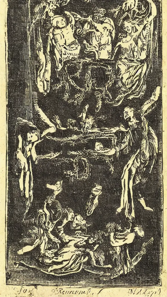 Prompt: revenants, spirits and pagan apparitions, grimoire, italian woodblock print from 1 7 5 5