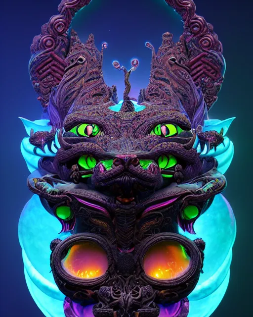 Image similar to 3 d ornate carved dark cosmic kitty with profile portrait, sigma 5 0 0 mm f / 5. beautiful intricate highly detailed quetzalcoatl skull. bioluminescent, plasma, lava, ice, water, wind, creature, thunderstorm! artwork by tooth wu and wlop and beeple and greg rutkowski, 8 k trending on artstation