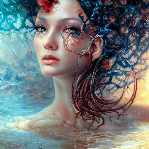 Prompt: a beautiful coral manipulating water by karol bak, ayami kojima, artgerm, river, water, blue eyes, smile, concept art, fantasy