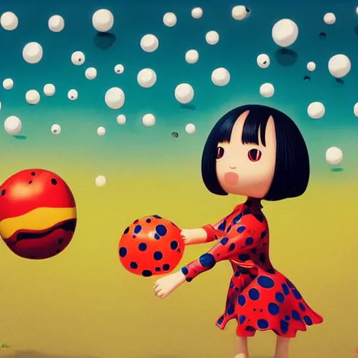 Image similar to yayoi kusama being chased by a ballon dog, nendroid, art by wgreg rutkowski. during golden hour. extremely silly in style of butcher billy.