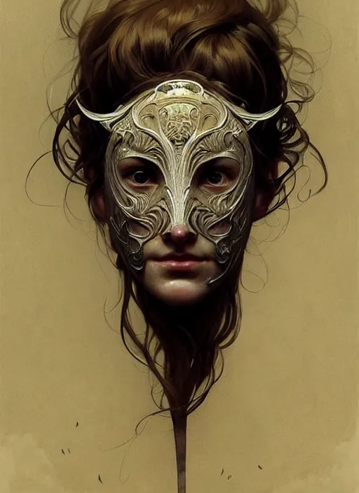 Image similar to floating thespian mask, face, detailed, intricate, elegant, highly detailed, digital painting, artstation, concept art, smooth, sharp focus, illustration, art by Krenz Cushart and Artem Demura and alphonse mucha