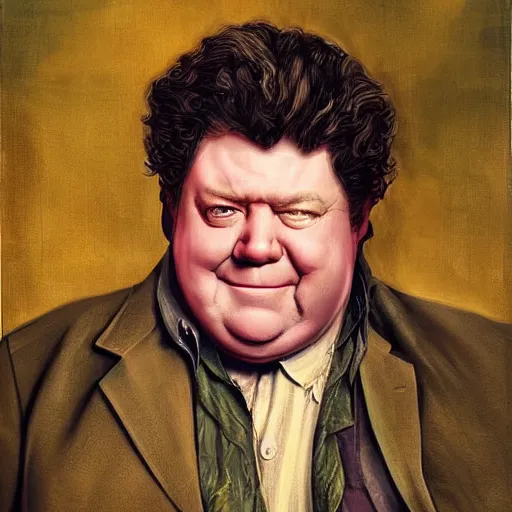 Image similar to amazing artgerm portrait of george wendt as a preraphaelite painting, collaboration with j. scott campbell and artgerm with edward burn jones