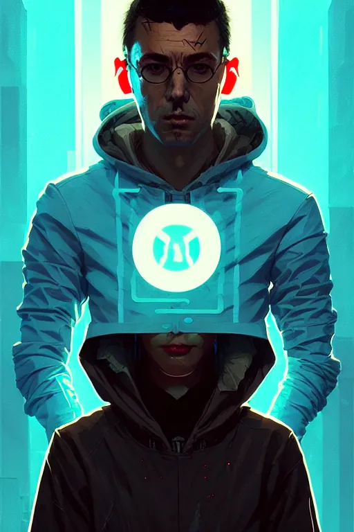 Image similar to cyberpunk synth, hyper - realistic portrait of a man in a hoodie, cyberpunk, by atey ghailan, by greg rutkowski, by greg tocchini, by james gilleard, by joe fenton, by kaethe butcher, dynamic lighting, gradient light blue, brown, blonde cream and white color scheme, grunge aesthetic