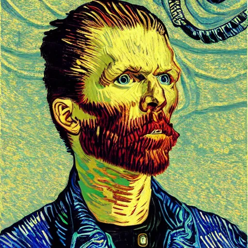 Image similar to Illustrated by Shepard Fairey and Greg Rutkpwski | Portrait of a Cyberpunk Van Gogh with VR helmet, surrounded by cables