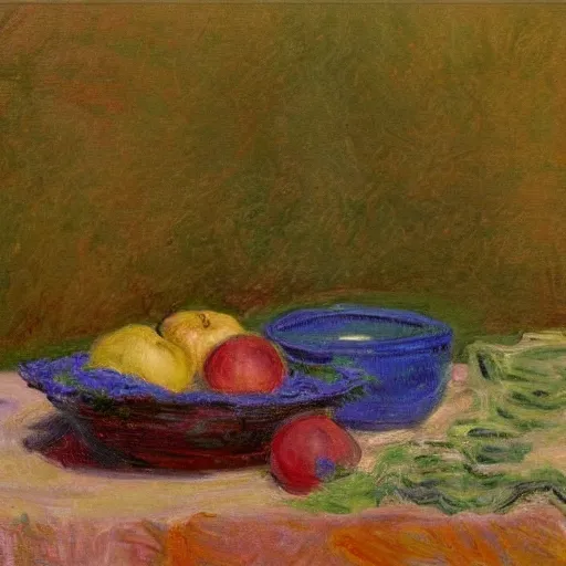 Prompt: in the style of Monet, a bowl of fruits, very highly detailed, 8k, wallpaper