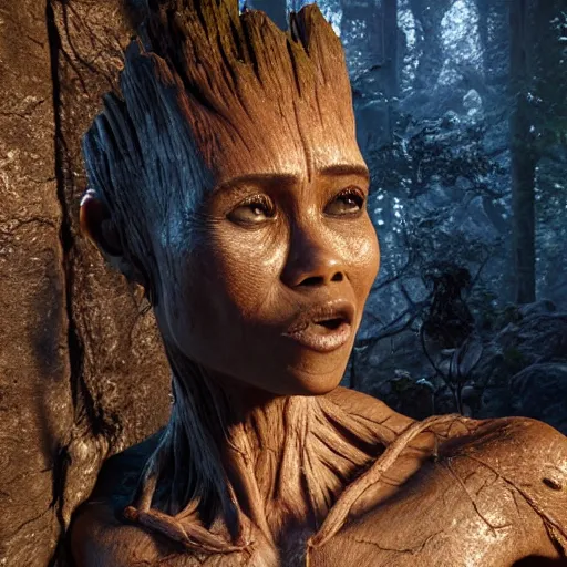 Image similar to the groot kissing tomb raider, hyper realistic, 4 k octan render, unreal 5