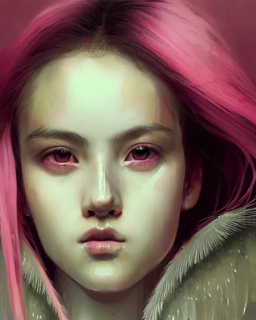 Image similar to detailed portrait of girl angel with asian eyes, with wings, pink hair, elite, elegant, luxury, by ismail inceoglu dragan bibin hans thoma greg rutkowski alexandros pyromallis nekro rene maritte illustrated, perfect face, fine details, realistic shaded, fine - face, pretty face