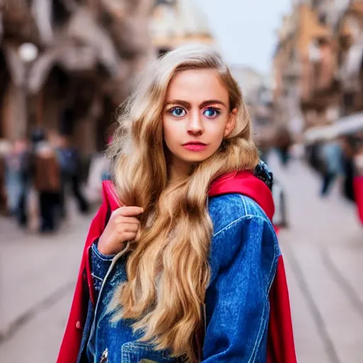 Prompt: a portuguese girl with white - fair!!!!! skin, dirty blonde hair and blue eyes, wearing a disney land coat and blue jeans, 4 k, 8 k, photorealistic facial features