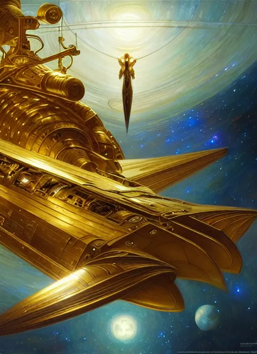 Image similar to Giant golden space cruiser in space , diffuse lighting, fantasy, intricate, elegant, highly detailed, lifelike, photorealistic, digital painting, artstation, illustration, concept art, smooth, sharp focus, art by John Collier and Albert Aublet and Krenz Cushart and Artem Demura and Alphonse Mucha