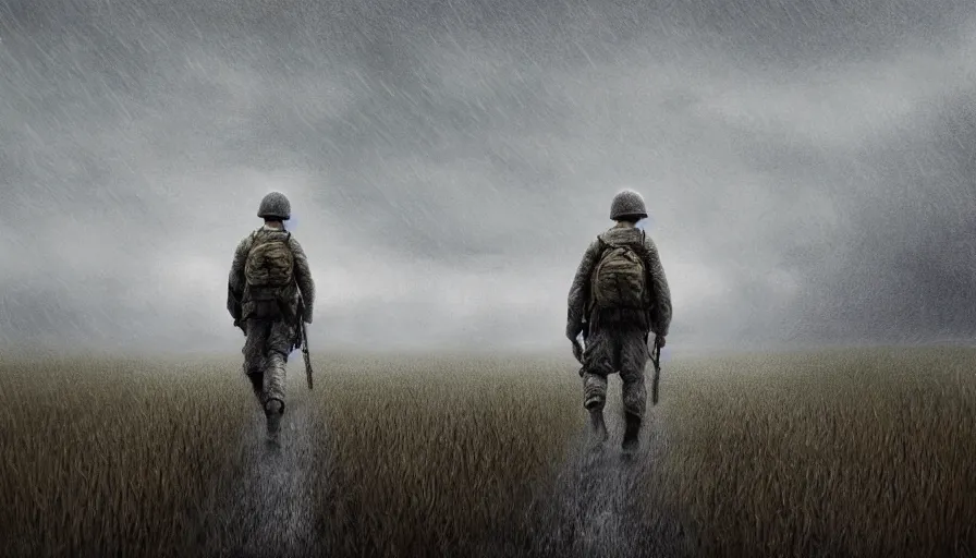 Image similar to World War 2 American soldier walking alone in a field under the rain, hyperdetailed, artstation, cgsociety, 8k