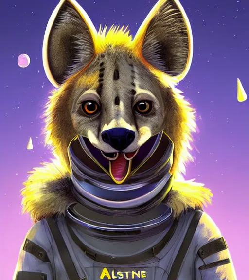 Prompt: digital detailed art of furry female hyena, in style of zootopia, fursona, furry, furaffinity, deviantart, wearing astronaut outfit, in style of mark arian, floating in space, space background, hyena fursona, cyberpunk, female, detailed face, style of artgerm,