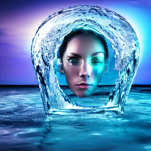 Image similar to water art manipulation in the shape of a human head in a bottle shape, on the ocean water, futuristic, glowing, hyper realistic, ray tracing, realistic water splashes, sharp focus, long shot, 8 k resolution, cinematic, photoshop art