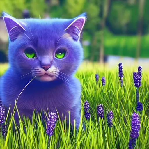 Prompt: blue glowing cute cat in grassy field with forest in the background, lavender growing nearby, disney pixar movie, 3 d render, octane render