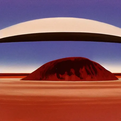 Prompt: a syd mead and ralph maquarrie style matte painting of a twirling futuristic building on a huge crater in tropical desert