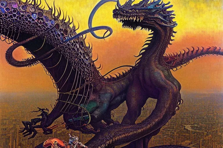 Image similar to realistic extremely detailed closeup portrait painting of a beautiful black woman riding a mutant dragon, dystopian city on background by Jean Delville, Amano, Yves Tanguy, Ilya Repin, Alphonse Mucha, Ernst Haeckel, Edward Robert Hughes, Roger Dean, heavy metal 1981, rich moody colours